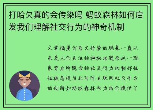 打哈欠真的会传染吗 蚂蚁森林如何启发我们理解社交行为的神奇机制