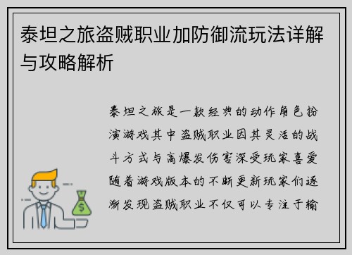 泰坦之旅盗贼职业加防御流玩法详解与攻略解析